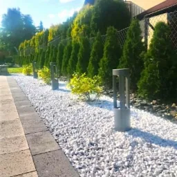 Ścieżka z kostki brukowej obok białych kamieni i szpaleru tuj z oświetleniem ogrodowym, widok na dom w tle.