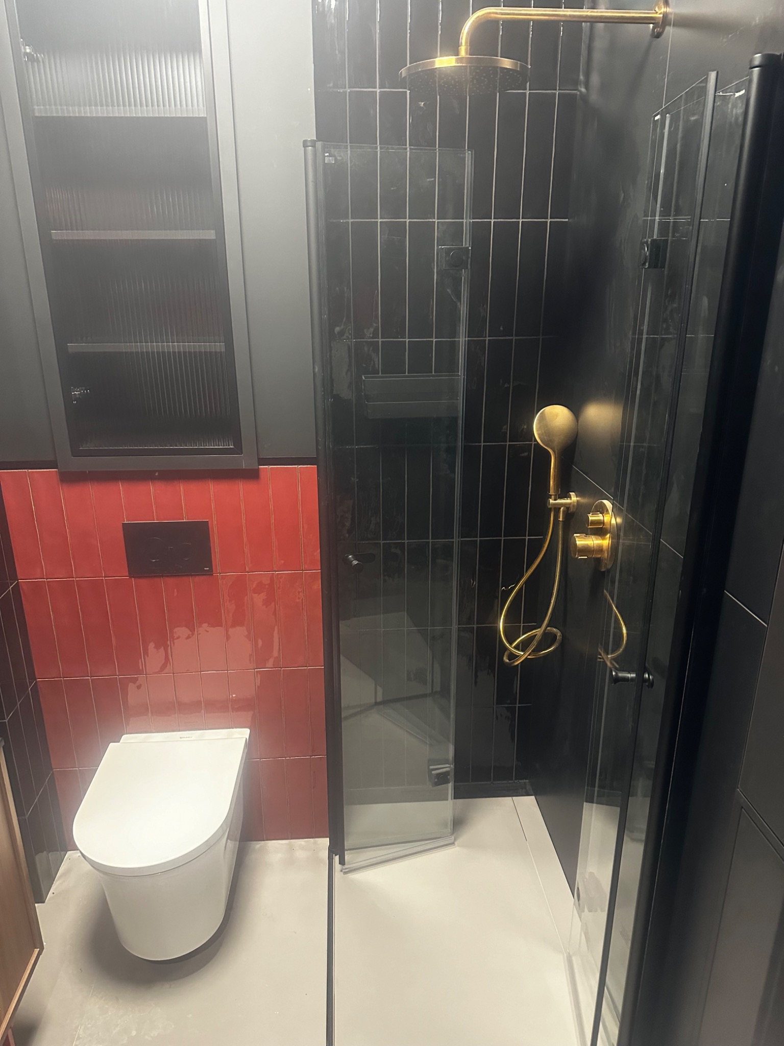 Nowoczesna łazienka z czarnymi płytkami, złotą armaturą prysznicową i czerwonym akcentem na ścianie z toaletą.