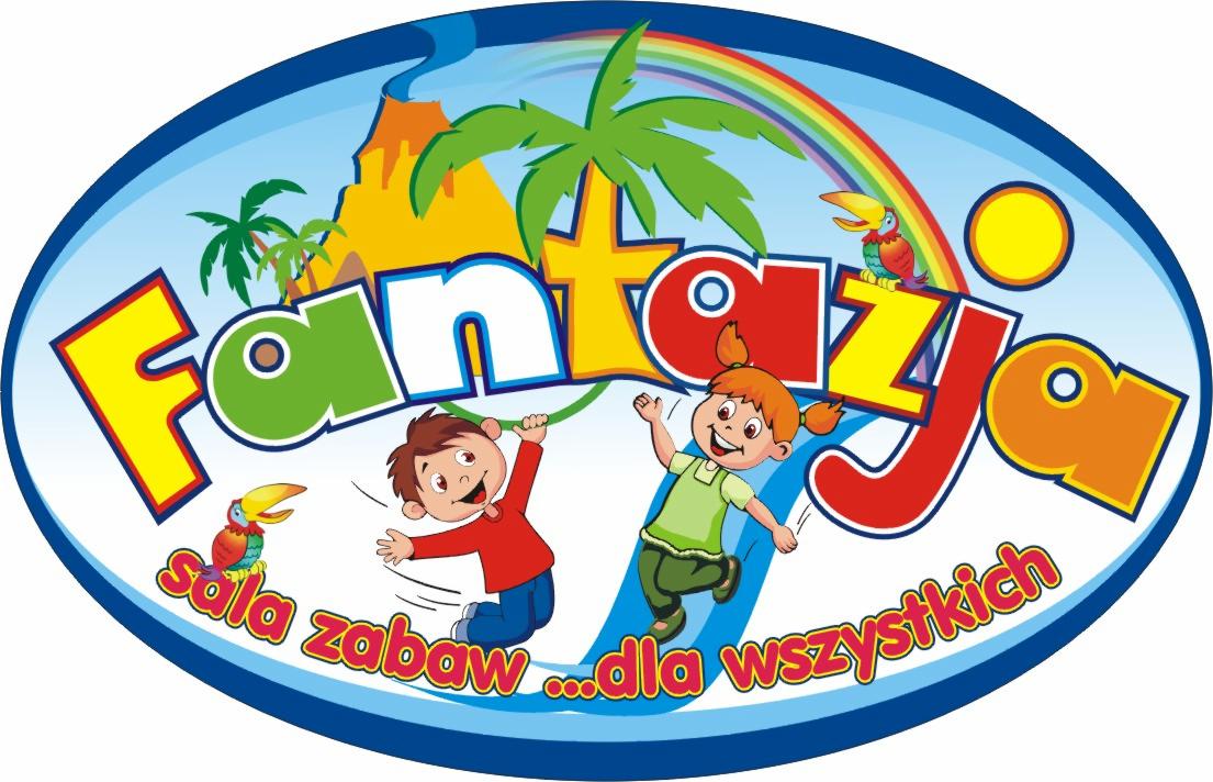 Kolorowe logo sali zabaw Fantazja z rysunkami dzieci, papugi, tęczy, palmy i wulkanu.