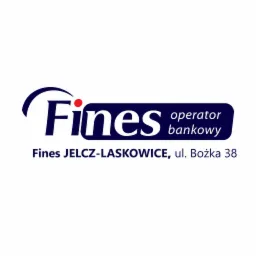 Logo firmy Fines, operator bankowy, z adresem oddziału: Jelcz-Laskowice, ul. Bożka 38. Ciemnoniebieski napis na białym tle.