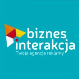Logo firmy 'biznes interakcja' z kolorowym origami w lewym górnym rogu, na turkusowym tle, z hasłem 'Twoja agencja reklamy' poniżej.