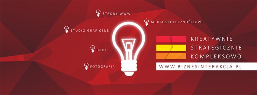 Grafika reklamowa na czerwonym tle z białą żarówką symbolizującą kreatywność, hasła: kreatywnie, strategicznie, kompleksowo oraz odnośniki do stron www, studia graficznego, druku, fotografii...