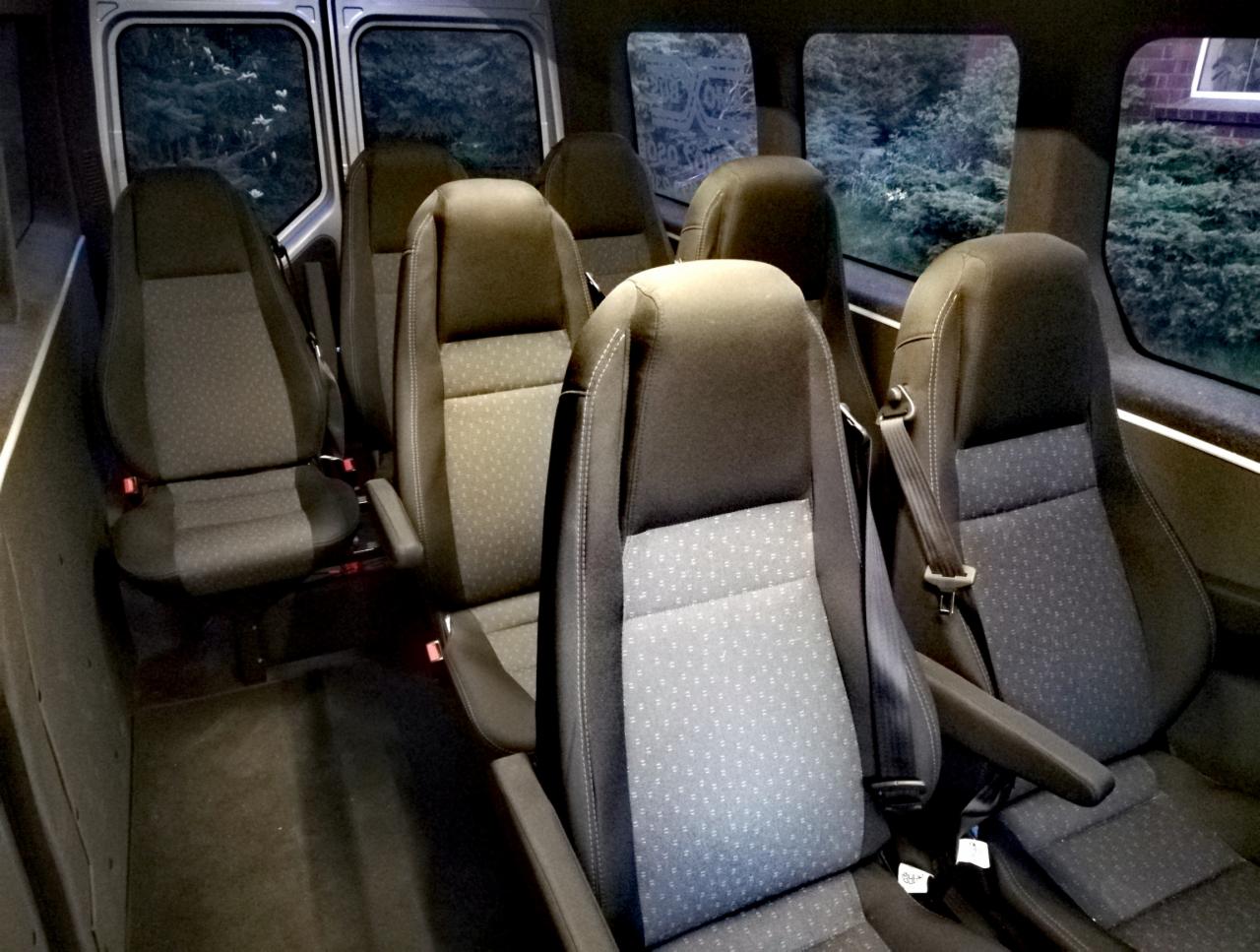 Wnętrze busa pasażerskiego z sześcioma fotelami z tapicerką w drobny wzór, widok z perspektywy pasażera, za oknami zieleń.