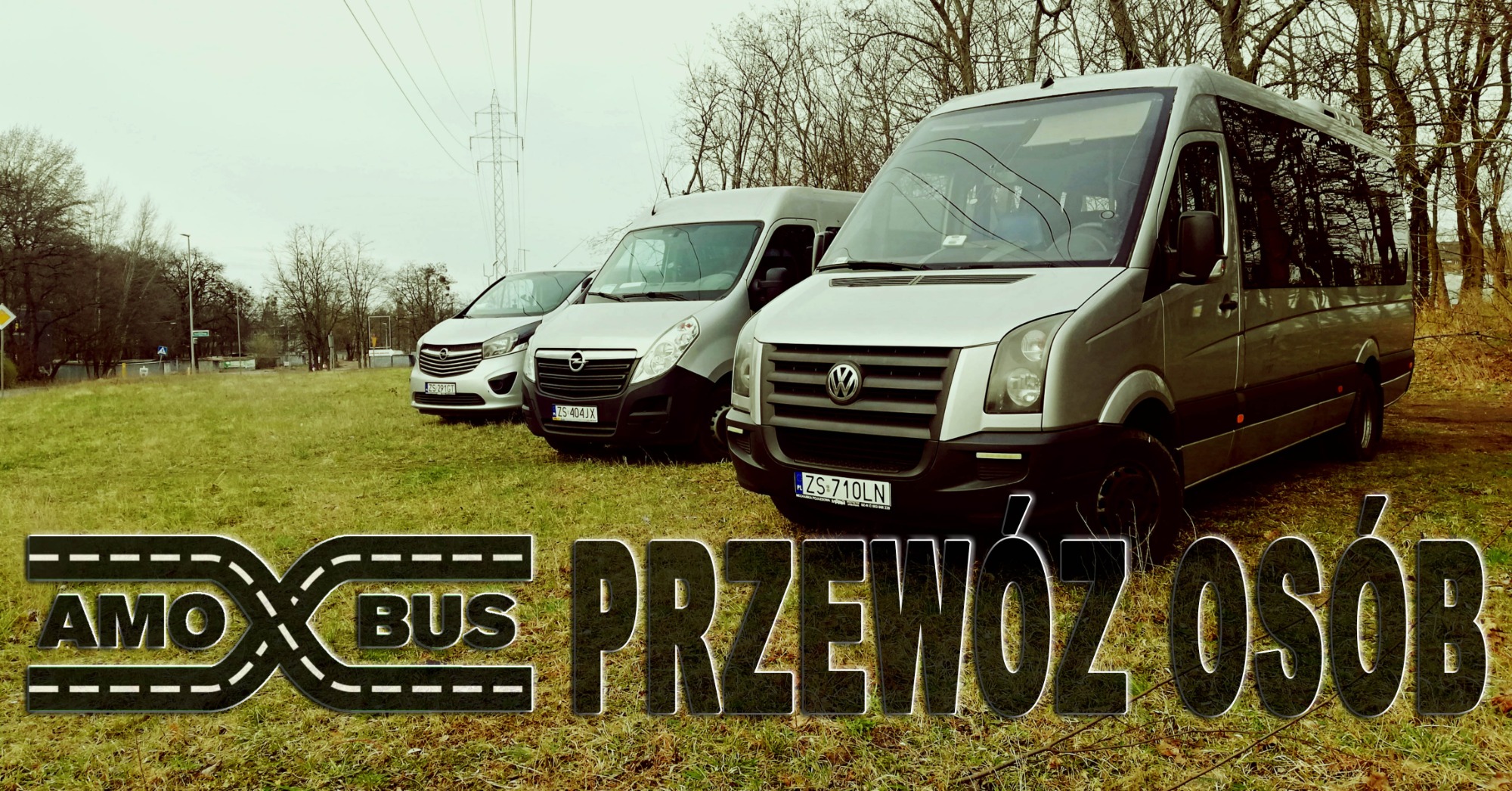 Trzy busy różnych marek (Volkswagen, Opel, nieznana) zaparkowane na trawiastym terenie pod liniami wysokiego napięcia, z nałożonym tekstem 'AMO BUS' i 'PRZEWÓZ OSÓB'.