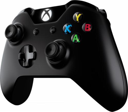 Czarny kontroler Xbox z podświetlonym logo, widoczne przyciski X, Y, B, A oraz krzyżak, na białym tle.
