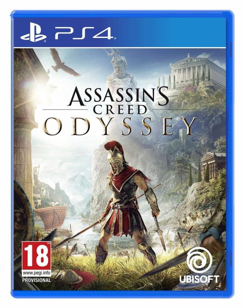 Okładka gry Assassin's Creed Odyssey na konsolę PS4, przedstawiająca wojownika w hełmie i zbroi, stojącego na tle starożytnej Grecji z widocznymi ruinami i statuą Posejdona.