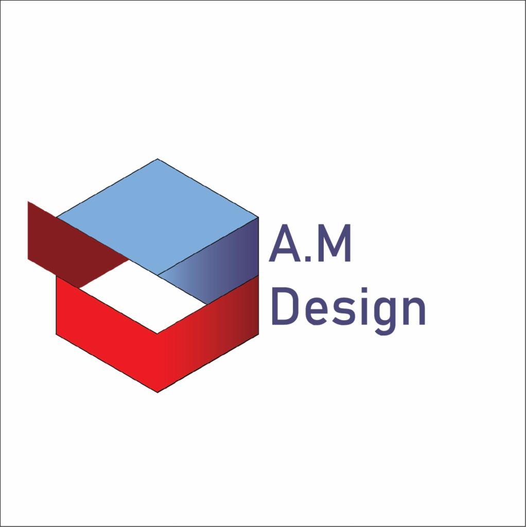 Stylizowane logo firmy A.M Design przedstawiające geometryczny sześcian w kolorach czerwonym i błękitnym, z nazwą firmy umieszczoną obok.