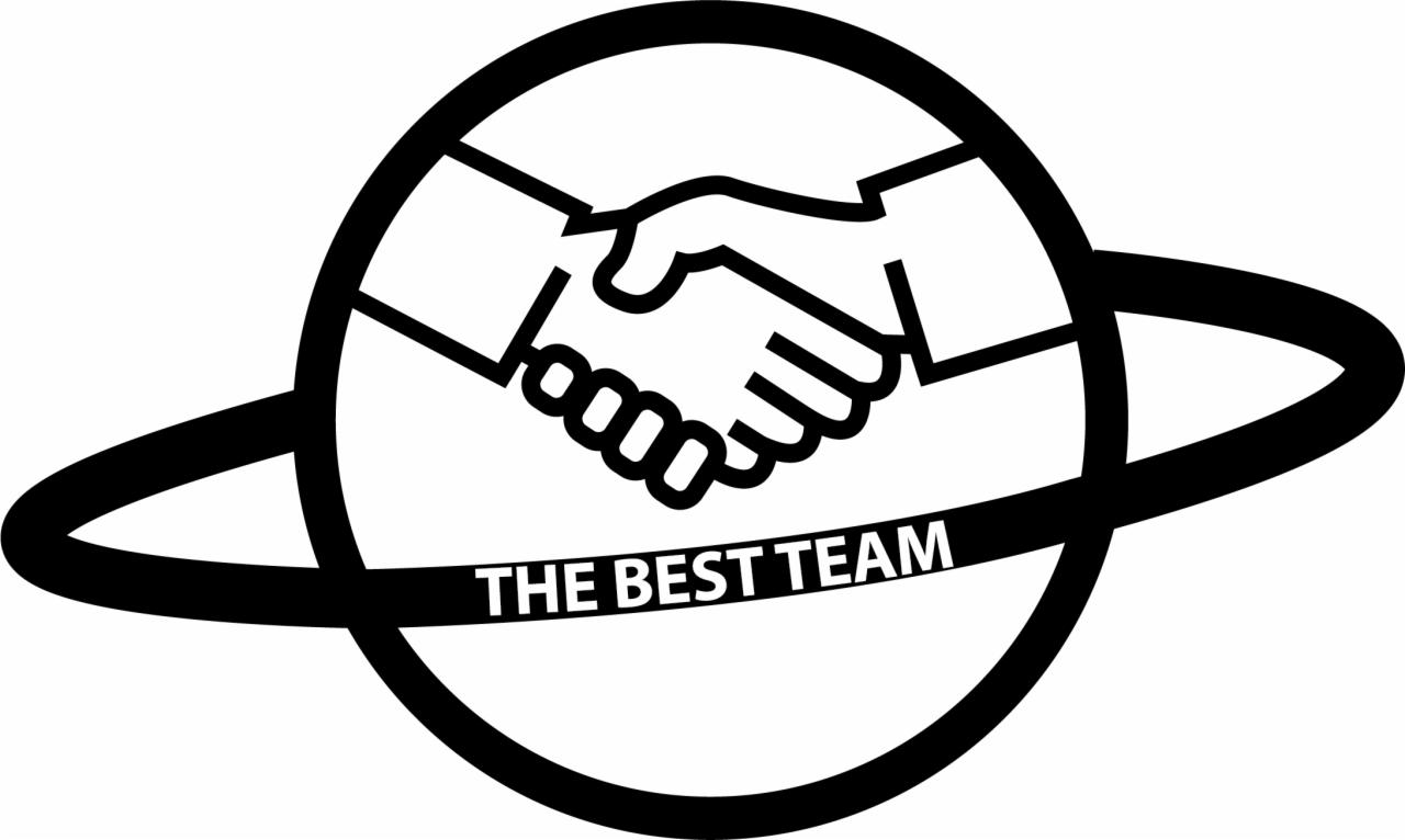 Czarno-białe logo przedstawiające uścisk dłoni w okręgu z orbitą i napisem 'THE BEST TEAM'.