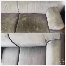 Sofa z szarej tapicerki: górna część zdjęcia pokazuje sofę przed czyszczeniem z widocznymi plamami, dolna część prezentuje sofę po czyszczeniu, z odświeżonym kolorem.