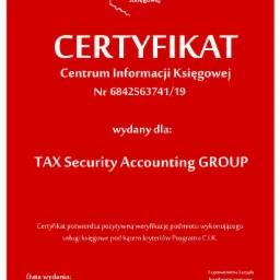 Certyfikat Centrum Informacji Księgowej nr 6842563741/19 wydany dla TAX Security Accounting GROUP, potwierdzający pozytywną weryfikację usług księgowych, z datą wydania 17.07.2019 i podpisem Jakuba...