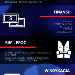 Grafika reklamowa firmy oferującej usługi prawne, finansowe, BHP-PPOŻ, windykacyjne i wirtualne biuro, z logo firmy i hasłem 'Firma Godna Zaufania 2020'.