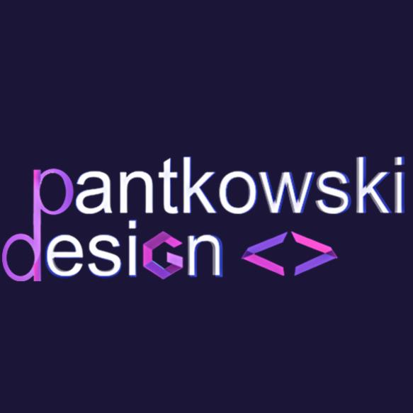 Logo firmy 'pantkowski design' z elementami graficznymi w odcieniach fioletu i bieli na ciemnofioletowym tle.