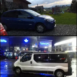 Kolaż: Niebieski samochód osobowy na tle wiejskiego krajobrazu w dzień oraz biały van z przyciemnianymi szybami na mokrym parkingu przed budynkiem z neonem 'Ternopil' w nocy.