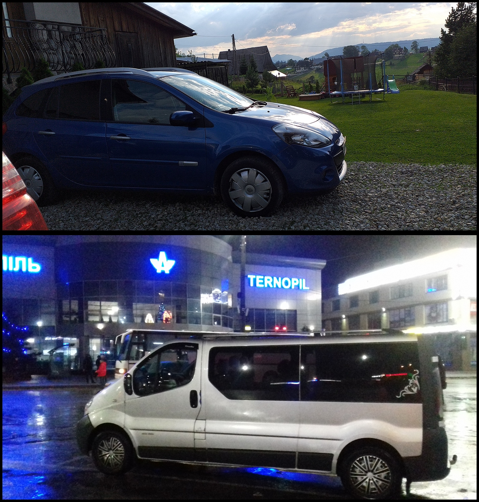 Kolaż: Niebieski samochód osobowy na tle wiejskiego krajobrazu w dzień oraz biały van z przyciemnianymi szybami na mokrym parkingu przed budynkiem z neonem 'Ternopil' w nocy.