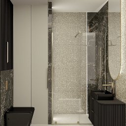 Usługi projektowania Elżbieta Kossak-Golec - Elegancka łazienka w odcieniach szarości i czerni z kabiną prysznicową ze złotymi detalami, umywalką nablatową i podwieszaną toaletą.