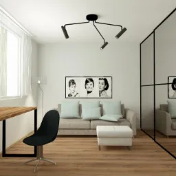 Wizualizacja wnętrza biura domowego z drewnianym biurkiem na czarnych nogach, czarnym krzesłem obrotowym, szarą sofą z jasnoniebieskimi poduszkami, białym pufem i czarną lampą sufitową z trzema...