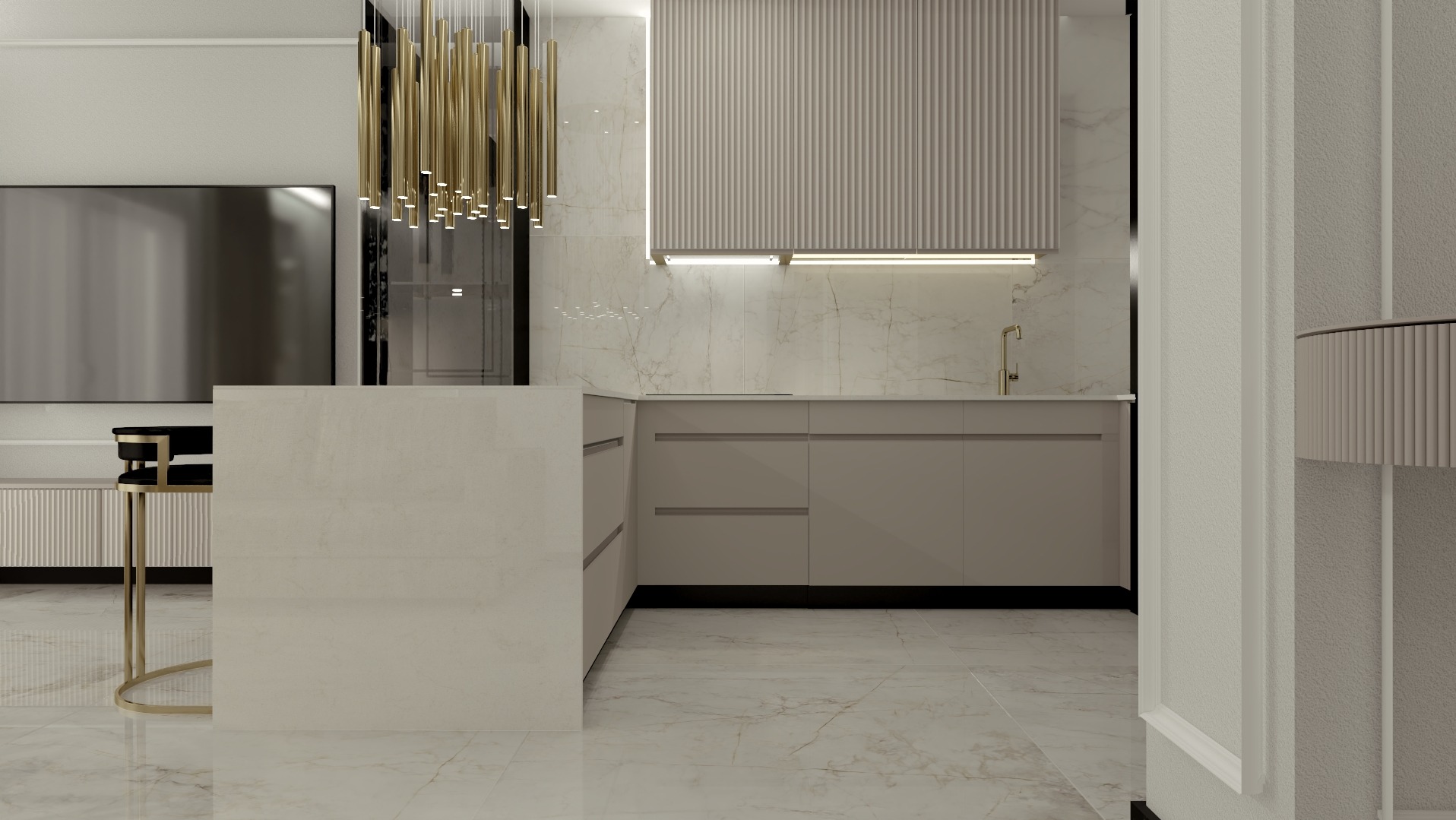 Elegancka kuchnia z marmurowymi płytkami, wyspą i złotymi akcentami oświetleniowymi, ukazana w neutralnej palecie barw z perspektywy wnętrza.