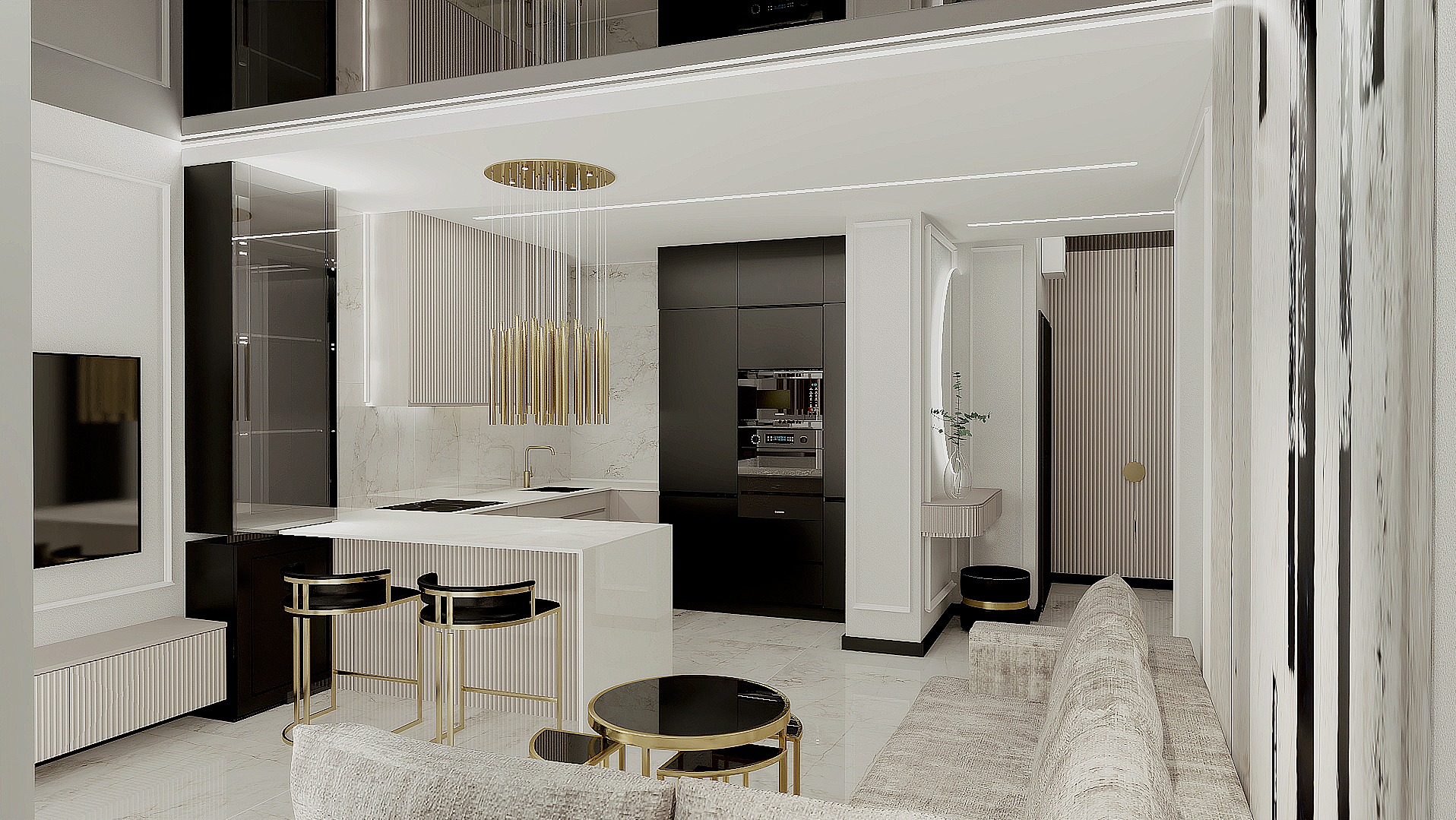 Nowoczesne wnętrze: biała wyspa kuchenna z czarnymi hokerami, złote lampy wiszące, czarne szafki, marmurowe ściany i jasna sofa. Minimalistyczny design z dbałością o detale.