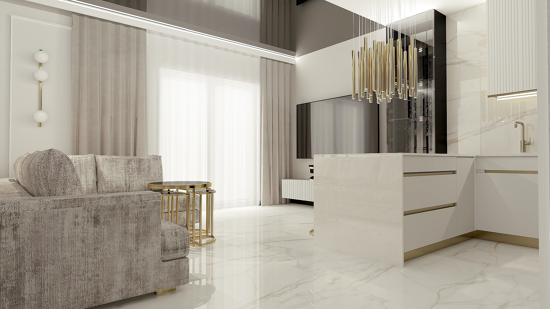 Eleganckie wnętrze: sofa z stolikami kawowymi, luksusowa kuchnia z wyspą, marmurowe płytki podłogowe i złote akcenty oświetleniowe.