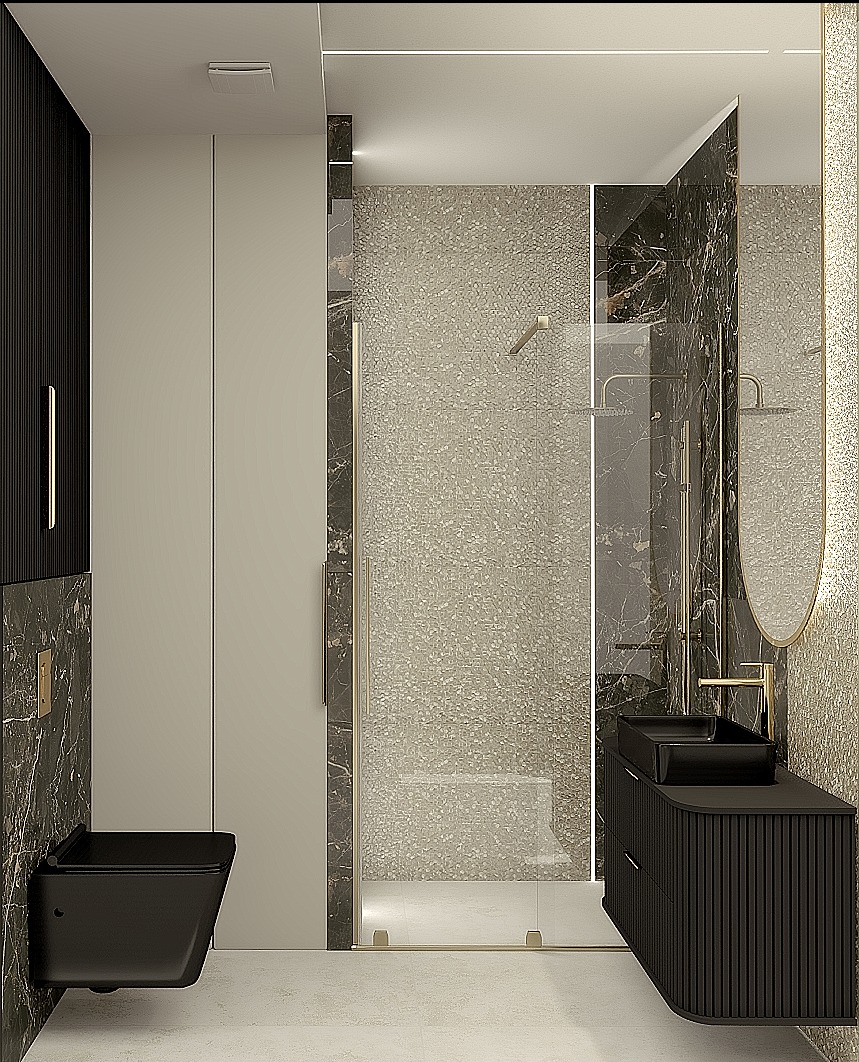Elegancka łazienka w odcieniach szarości i czerni z kabiną prysznicową ze złotymi detalami, umywalką nablatową i podwieszaną toaletą.