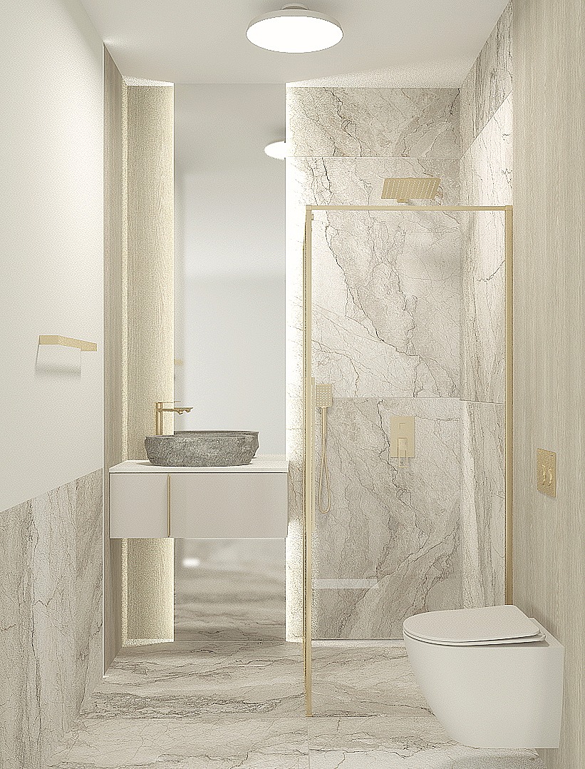 Nowoczesna łazienka z marmurowymi płytkami, kabiną prysznicową w złotych ramach i kamienną umywalką. Minimalistyczny design, jasne oświetlenie, eleganckie wykończenie.