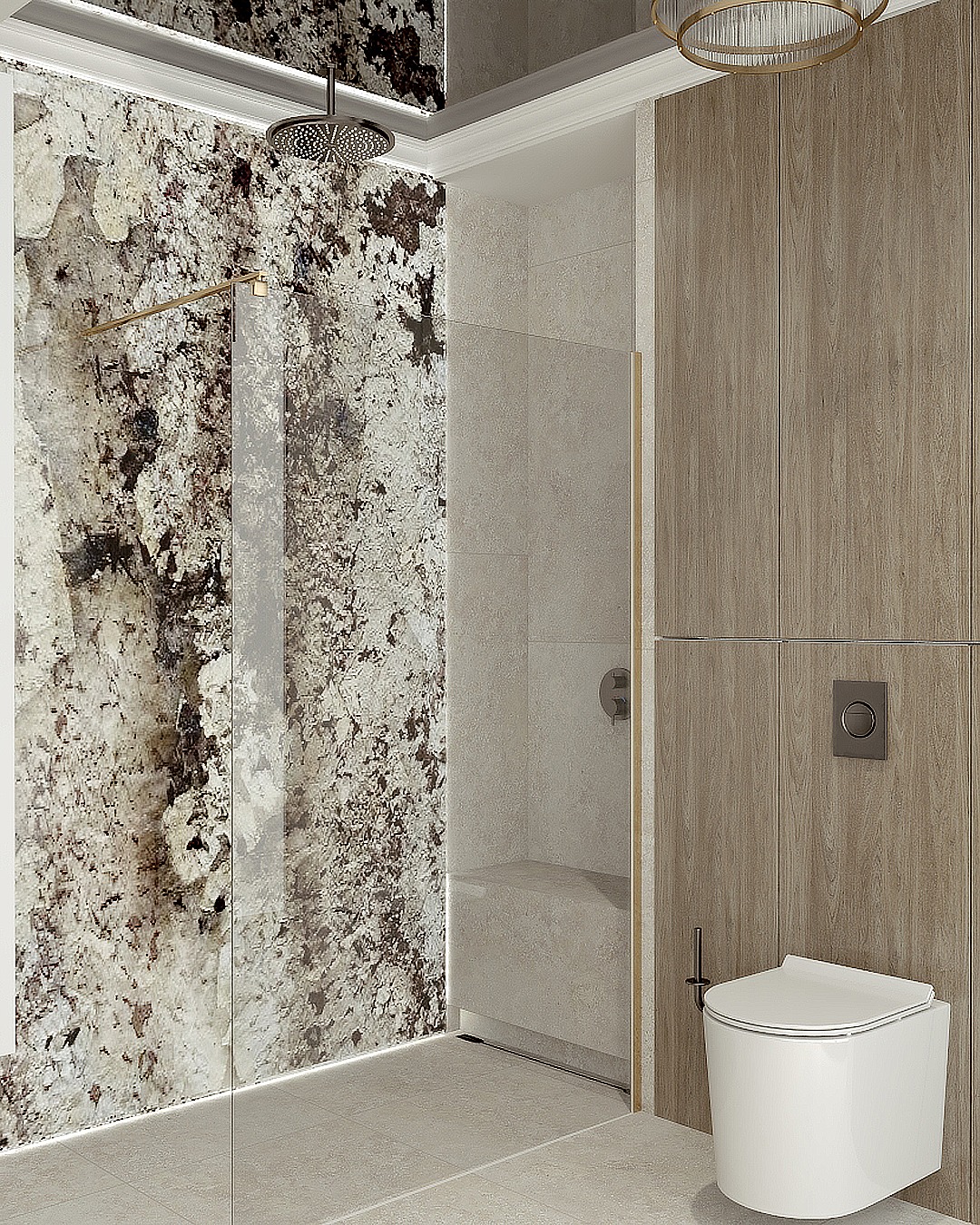 Nowoczesna łazienka z kabiną prysznicową wykończoną płytami imitującymi kamień, wiszącą toaletą i drewnianą zabudową. Minimalistyczny design z dbałością o detale.