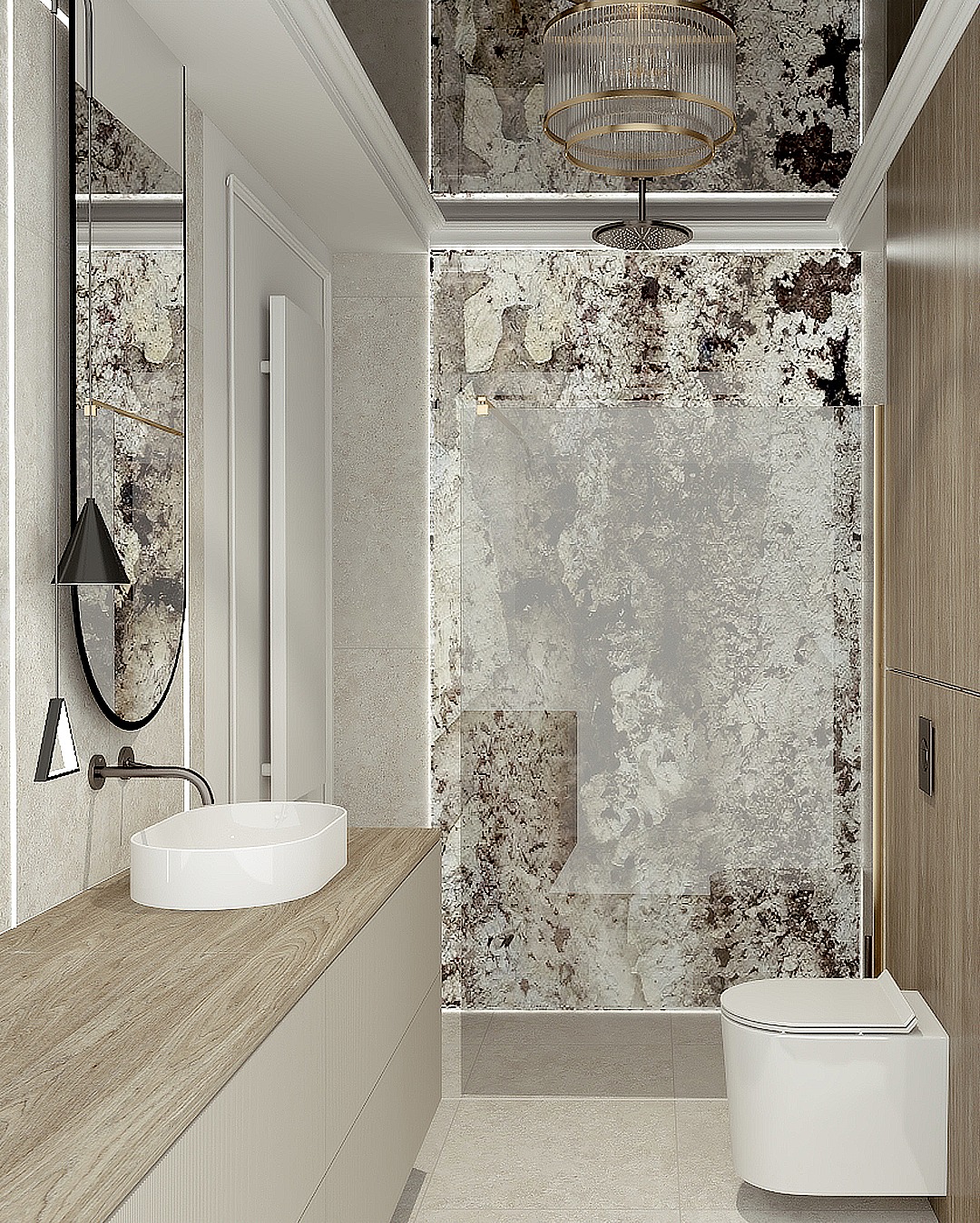 Nowoczesna łazienka z umywalką nablatową, lustrem i kabiną prysznicową w płytkach imitujących kamień. Oświetlenie punktowe i wisząca lampa nadają wnętrzu elegancji.