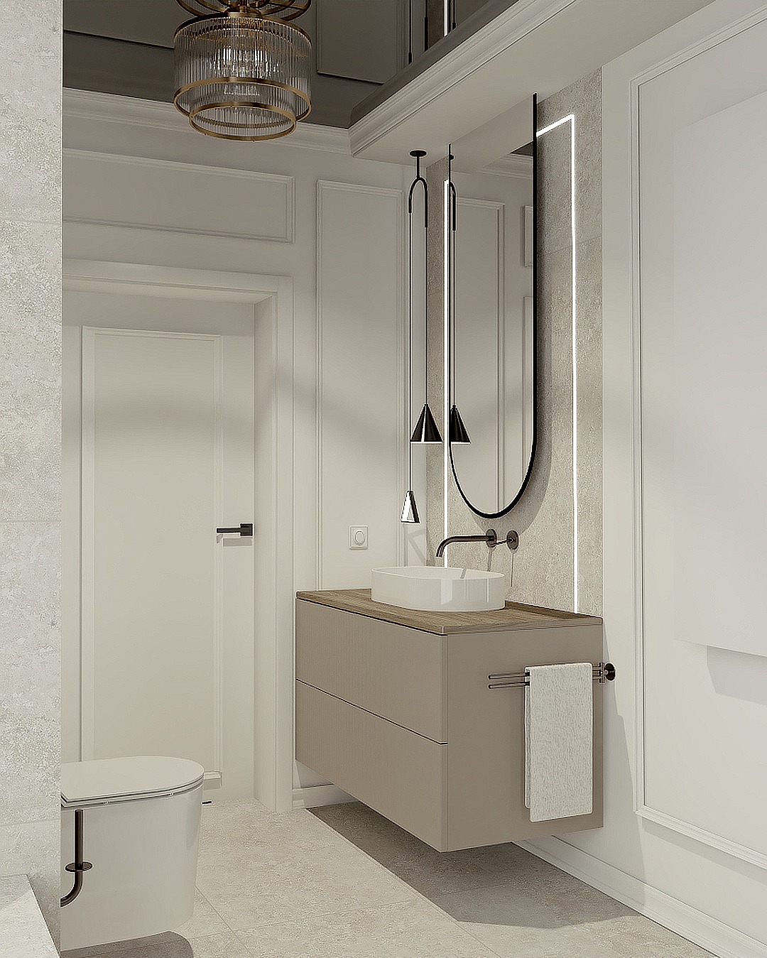 Nowoczesna aranżacja łazienki w Strzegomiu: minimalistyczna szafka z umywalką, designerskie lampy wiszące i lustro z podświetleniem LED. Stonowana kolorystyka, eleganckie wykończenie.