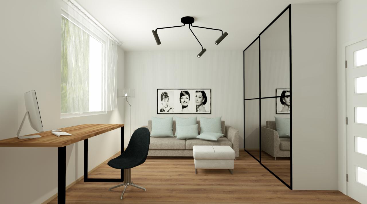 Wizualizacja wnętrza biura domowego z drewnianym biurkiem na czarnych nogach, czarnym krzesłem obrotowym, szarą sofą z jasnoniebieskimi poduszkami, białym pufem i czarną lampą sufitową z trzema...