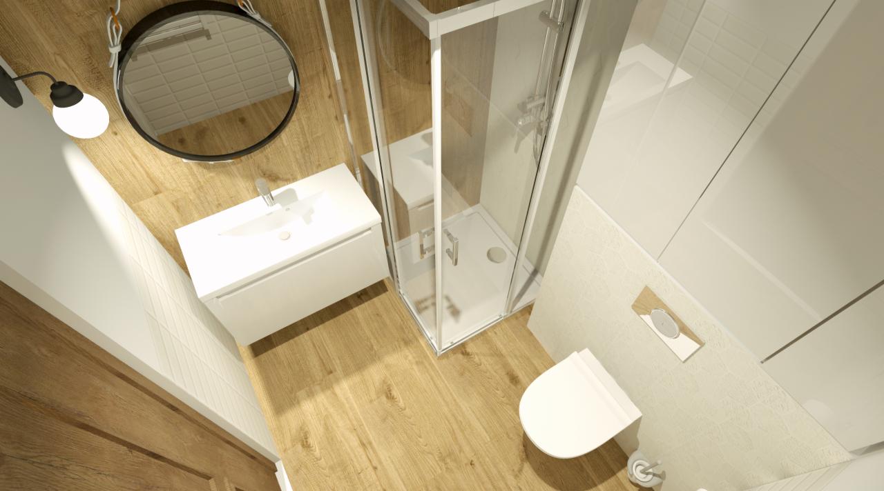 Nowoczesna łazienka z drewnianą podłogą, białą umywalką z szafką, okrągłym lustrem z oświetleniem oraz kabiną prysznicową z białymi ramami i toaletą w tle.