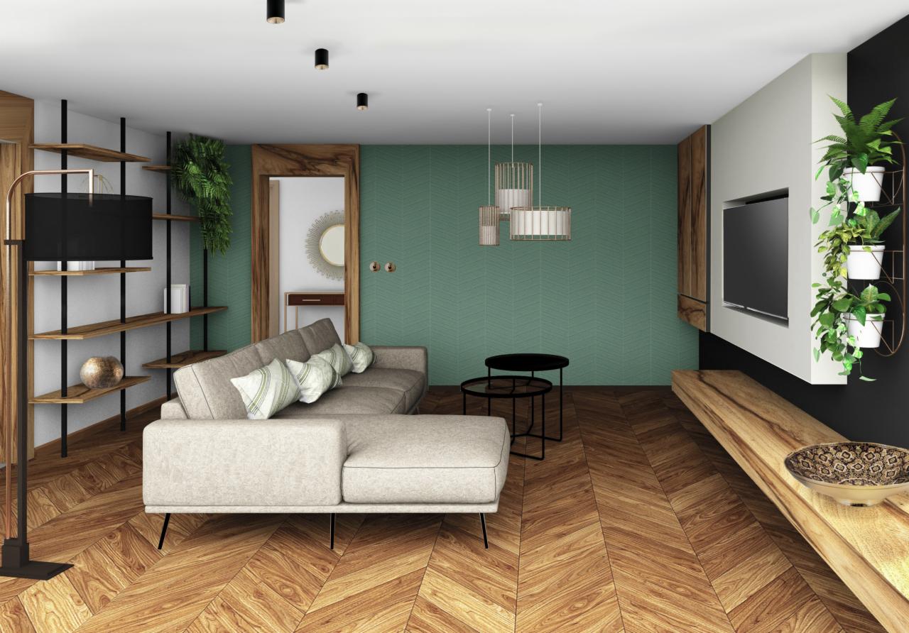 Nowoczesny salon z parkietem w jodełkę, szarą sofą z poduszkami w paski, zieloną ścianą w chevron, drewnianymi regałami i wiszącymi lampami.