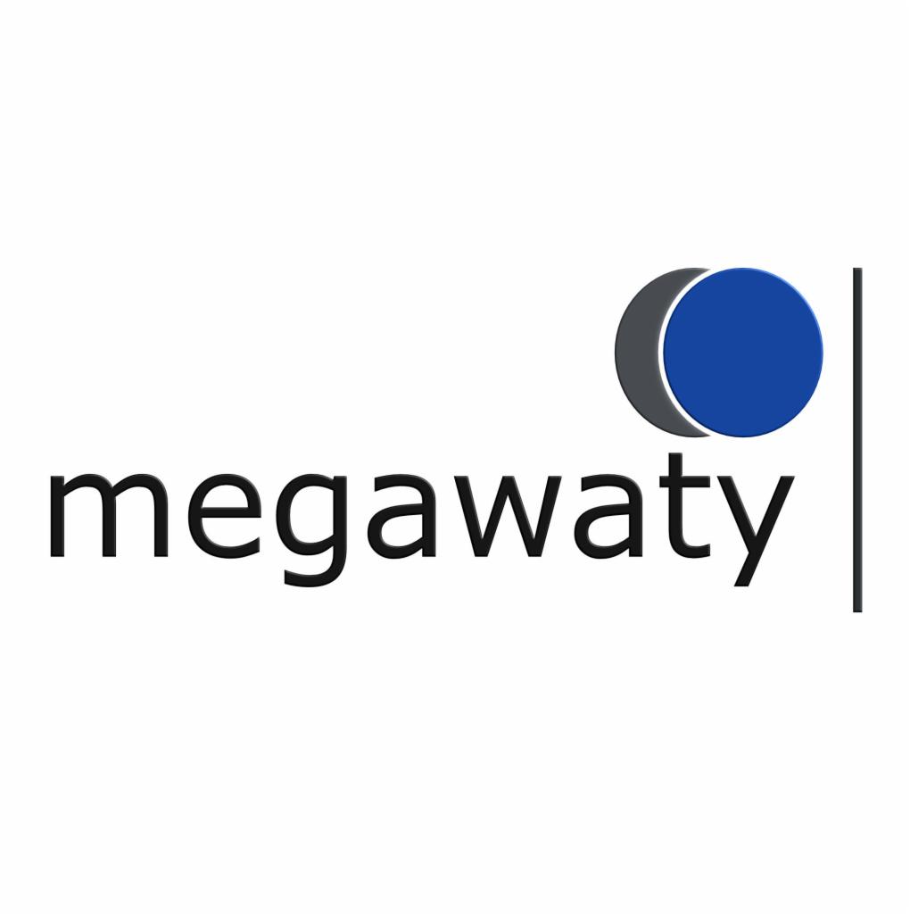 Logo firmy Megawaty z niebiesko-szarym okręgiem i pionową linią po prawej stronie napisu.