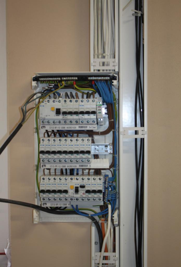 Otwarta skrzynka bezpiecznikowa z widocznymi bezpiecznikami, przewodami w różnych kolorach i listwami montażowymi na ścianie o jasnobeżowym odcieniu.