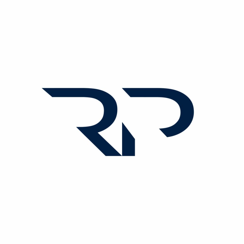 Granatowe logo z literami 'RP' na białym tle, 'R' z ukośnym elementem.
