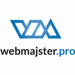 Logo firmy webmajster.pro z geometrycznym symbolem w kolorze niebieskim nad nazwą, na białym tle.