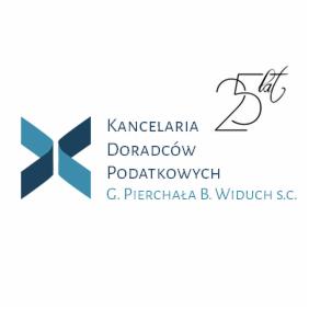 Logo Kancelarii Doradców Podatkowych G. Pierchała B. Widuch S.C. z abstrakcyjnym symbolem i oznaczeniem 25-lecia działalności, na białym tle.