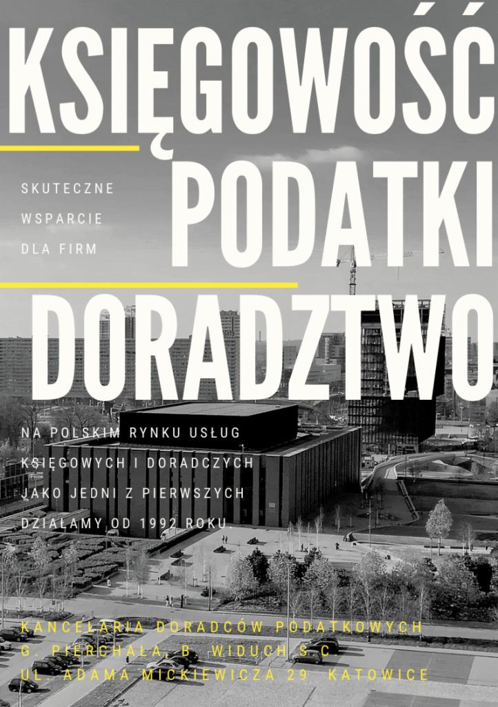 Czarno-biała grafika reklamowa z dużymi napisami 'Księgowość', 'Podatki', 'Doradztwo' na tle panoramy miasta Katowice, z informacją o działalności od 1992 roku.