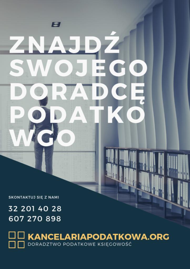 Mężczyzna w garniturze stoi tyłem przy oknie w biurze, obok regał z segregatorami, nad nim napis 'Znajdź swojego doradcę podatkowego', w dolnej części dane kontaktowe i adres strony internetowej.