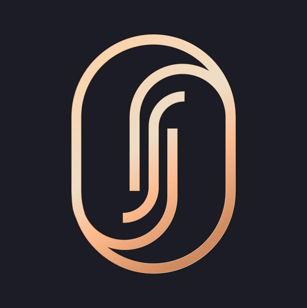 Złoty, minimalistyczny logotyp w kształcie owalu z trzema zakrzywionymi liniami na ciemnym tle.