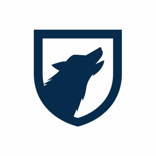 Granatowy symbol: wycie wilka w profilu, umieszczony wewnątrz tarczy herbowej.