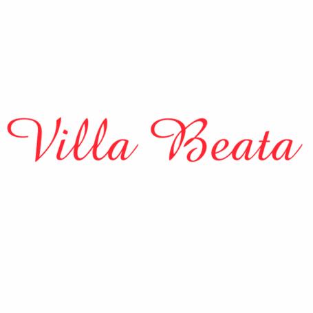 Logo 'Villa Beata' w kolorze czerwonym na białym tle, elegancki krój pisma.