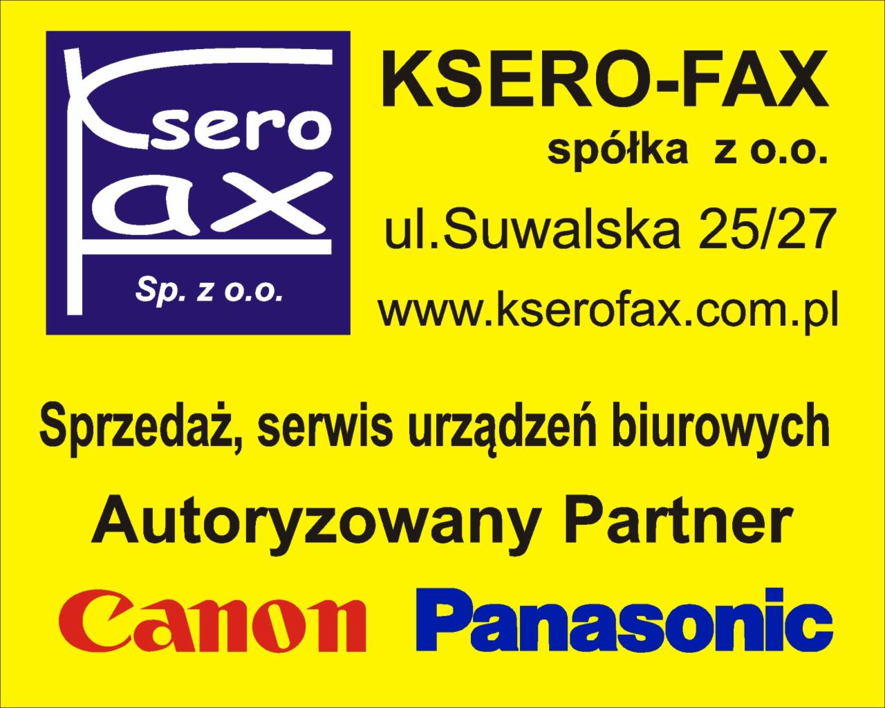 Żółte tło z niebieskim i czerwonym tekstem przedstawiające logo firmy Ksero-Fax Sp. z o.o., adres, adres strony internetowej oraz informację o sprzedaży i serwisie urządzeń biurowych, autoryzowany...