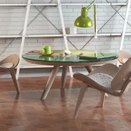 Wizualizacja wnętrza biura z okrągłym, szklanym stołem, trzema drewnianymi krzesłami o nowoczesnym designie, zieloną lampą biurkową i białym regałem na tle ściany z białej cegły.