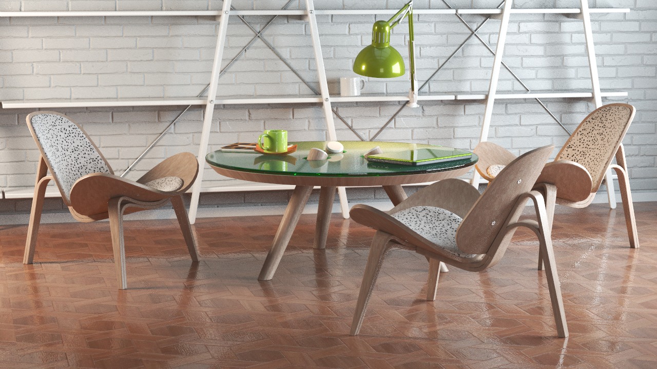 Wizualizacja wnętrza biura z okrągłym, szklanym stołem, trzema drewnianymi krzesłami o nowoczesnym designie, zieloną lampą biurkową i białym regałem na tle ściany z białej cegły.