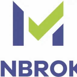 Logo firmy Manbroker z niebieską literą M i zielonym symbolem odhaczenia nad nazwą.