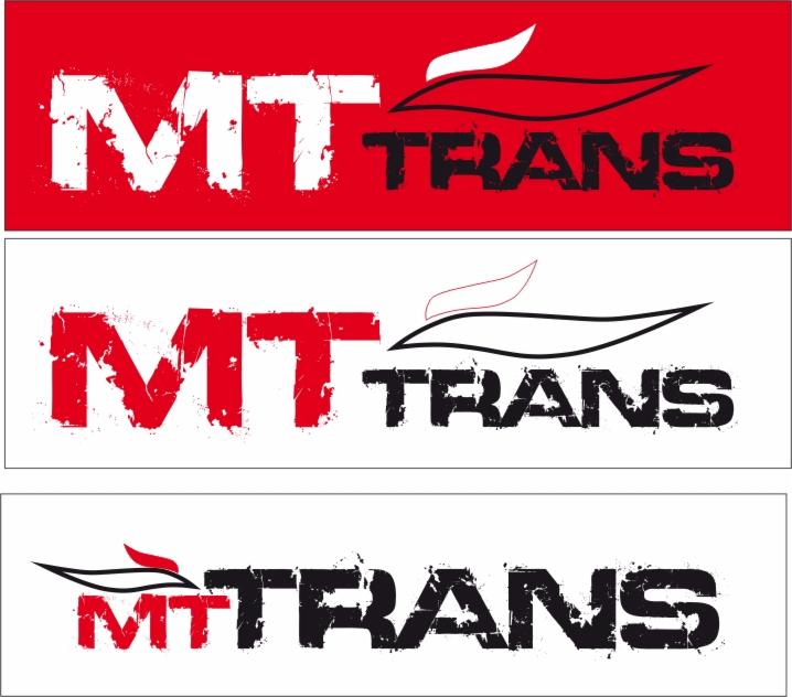 Logo firmy MT Trans w trzech wariantach kolorystycznych: czerwono-białym na czerwonym tle, czarno-białym w wersji liniowej oraz czerwono-czarnym na białym tle, z charakterystycznym symbolem...