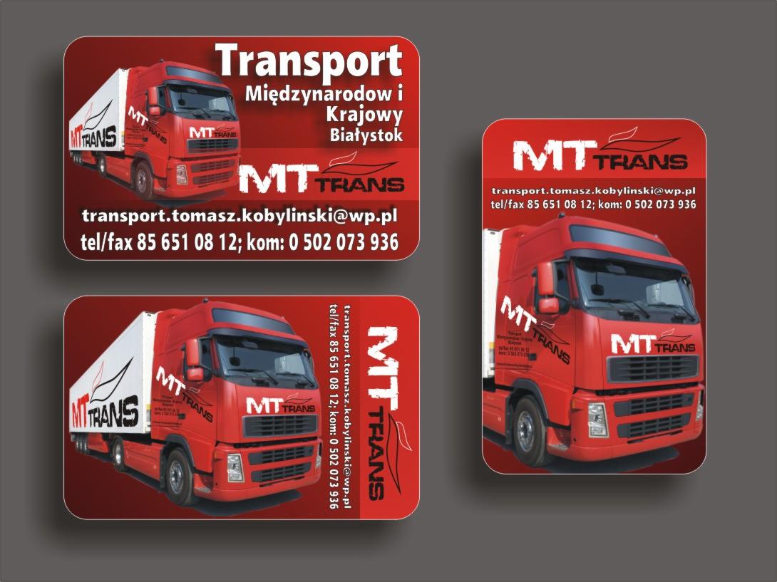 Wizytówka firmy transportowej z czerwonymi ciężarówkami i danymi kontaktowymi.