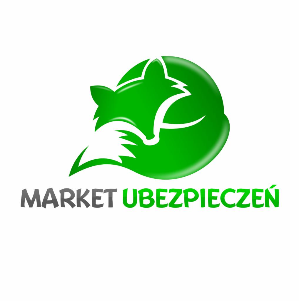 Logo firmy 'Market Ubezpieczeń' z zielonym symbolem lisa zwiniętego w kulkę.