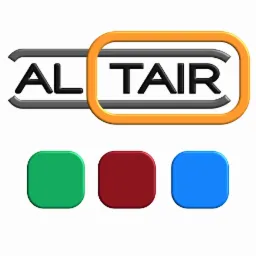Logo firmy AL TAIR z szarym i pomarańczowym obramowaniem oraz trzema kolorowymi kwadratami: zielonym, czerwonym i niebieskim.