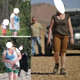 Kobieta w trzech różnych ujęciach, prezentująca zmiany w sylwetce na tle krajobrazu naturalnego.